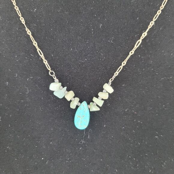 Vintage Sterling Silver 925 Necklace with Turquoise Pendant and Beads Chain - Picture 4 of 9